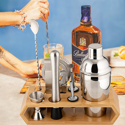 Ensemble de barman 10 pièces - ensemble d'outils de bar Shaker à cocktail - avec support en rayonne de bambou