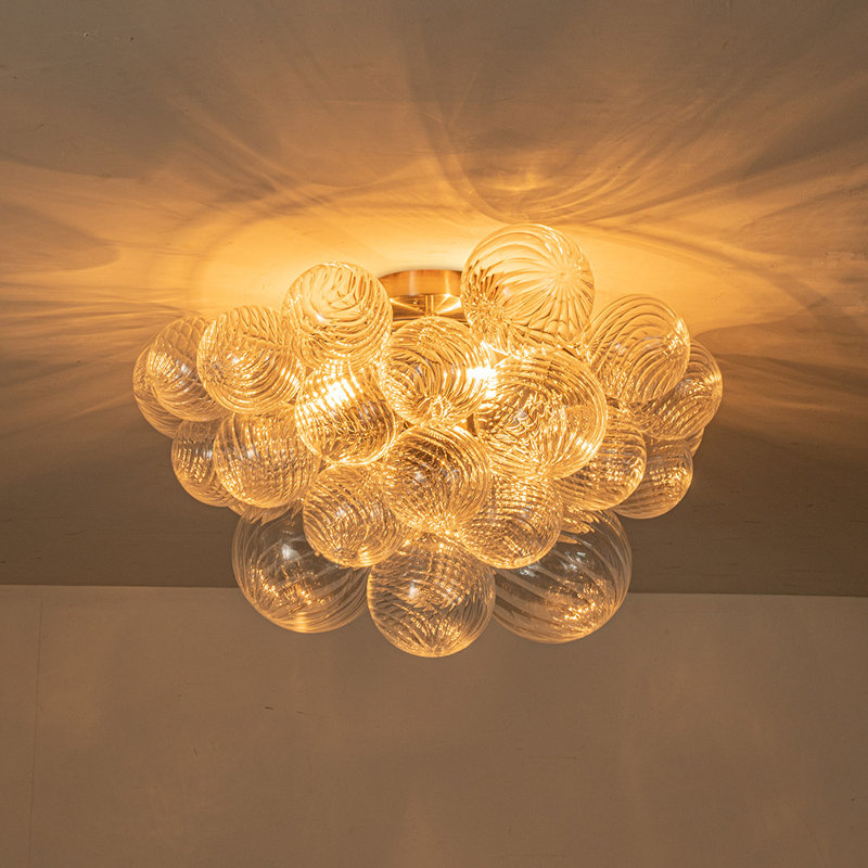 Plafonnier semi-encastré 3 lumières en verre nervuré à intensité variable, Nickel