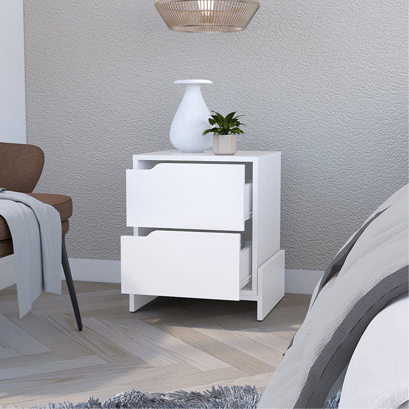 Table de chevet Brookland, table de chevet avec tiroirs doubles et base robuste, Blanc