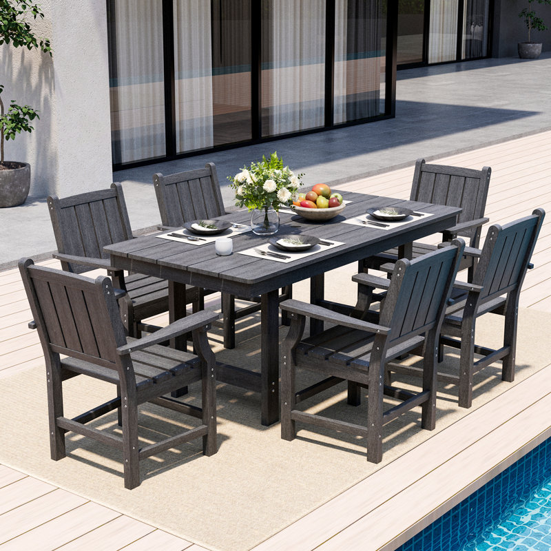 7-Piece HDPE Plastic Patio Outdoor Dining Set with Arm Chairs, Gray