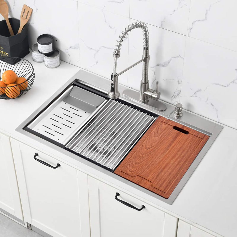 33'' L Single Bowl Stainless Steel Kitchen Sink, Brushed Nickel