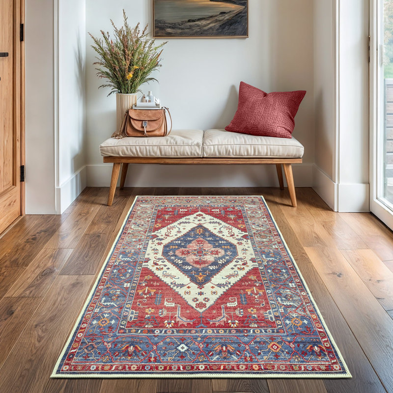GLN Rugs Vintage Collection - Machine Washable Area Rug, Vintage Washable Rug, Non Slip Area Rug, Low Pile Living Room Rug, Bedroom Rug, Bathroom Rug - Easy Clean (Red Rug)