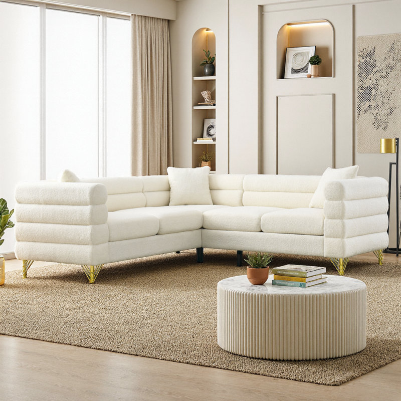 Élégant canapé d'angle modulaire en L en velours blanc à 5 places avec coussins pour les espaces de vie modernes, Blanc