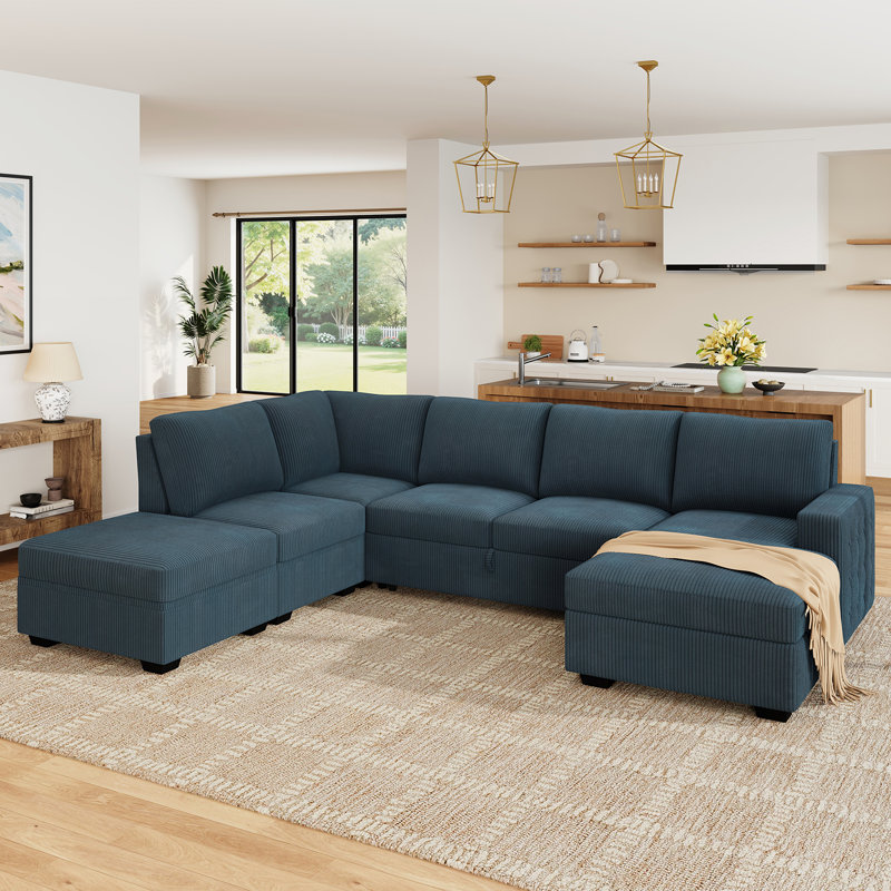 Brunella 111.4'' W Corduroy Modular Sleeper Sectional with Storage , Blue Corduroy