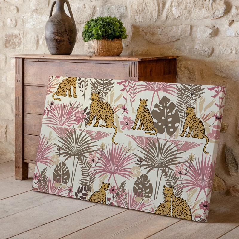 La toile crée une conception textile vibrante et complexe avec des motifs symétriques de léopards assis gracieusement sur toile