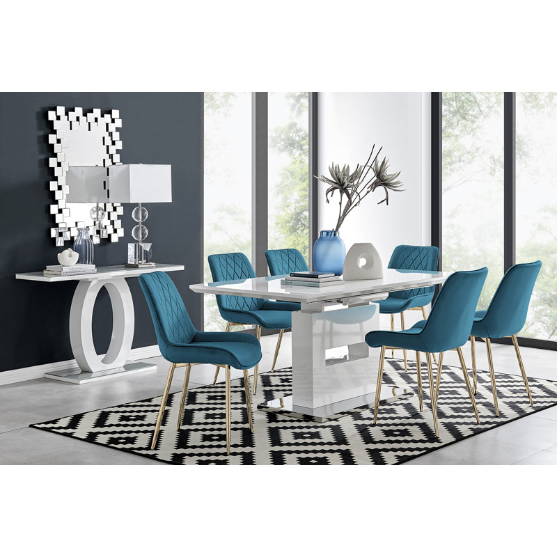Alezzo Modern High Gloss Extendable Dining Table Set with 6 Luxury Velvet Dining Chairs, Blue, Gold