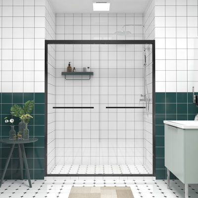 56 - 60"X74" Double Sliding Shower Door With Black Hardware, Chamfer Edged Glass, Reversible Installation, Handle For Bathroom As Towel Rail
