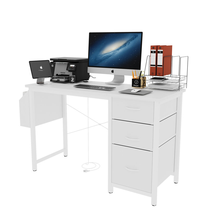 47.3"Office Desk With Power Outlet,3 Drawers,Side Pocket, Study Desk Easy To Assemble,Frame Stability Reversible For Home Desk, Company Computer Desk, Game Table,Vanity Table