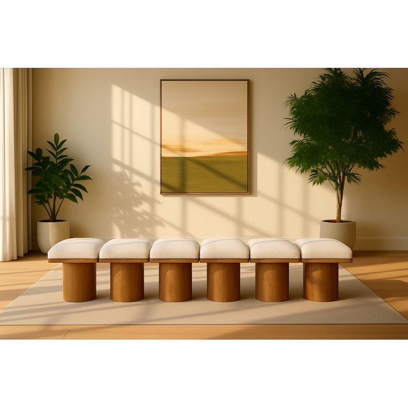 Banc rembourré Horatia, Tissu crème bouclé, Noyer brun, H 17,5 po x l 108 po x P 15,5 po
