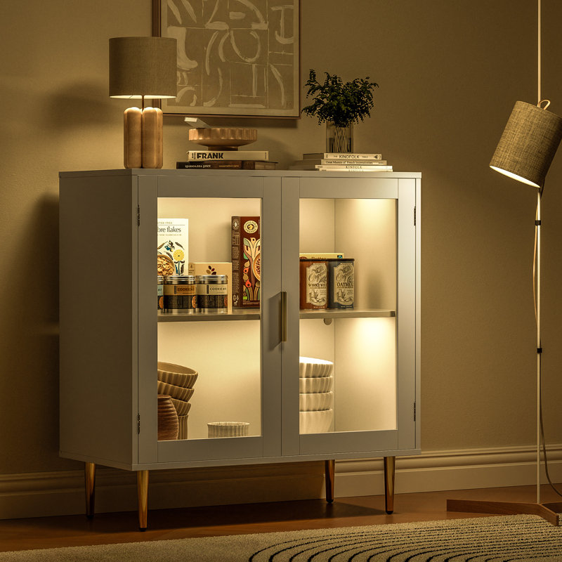Buffet Cabinet With Led Lights, Sideboard Cabinet With 2 Doors Acrylic, 32" Modern Buffet Cabinet With Adjustable Shelf, Coffee Bar Cabinet For Living Room, Kitchen, White