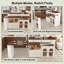Îlot de cuisine avec table extensible et pivotante, en MDF plaqué noyer, style rétro, et deux tabourets de bar rembourrés en bois.-1723302049-1723302063