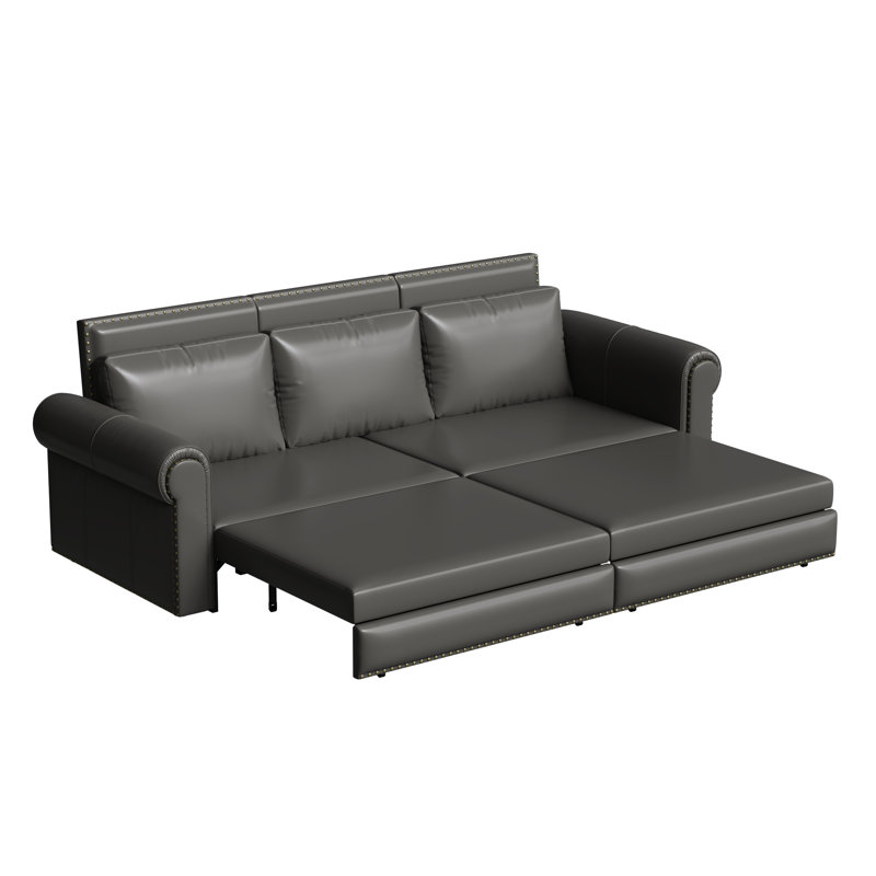 Lit convertible en similicuir 3 en 1 93,7 po gris avec accoudoirs roulés et garniture cloutée pour les salles de lavage