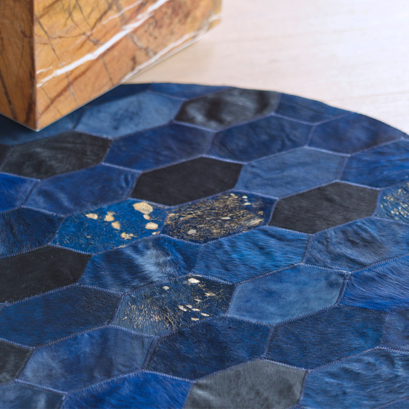 Cowhide Area Rug in Blue, Round 9'10''