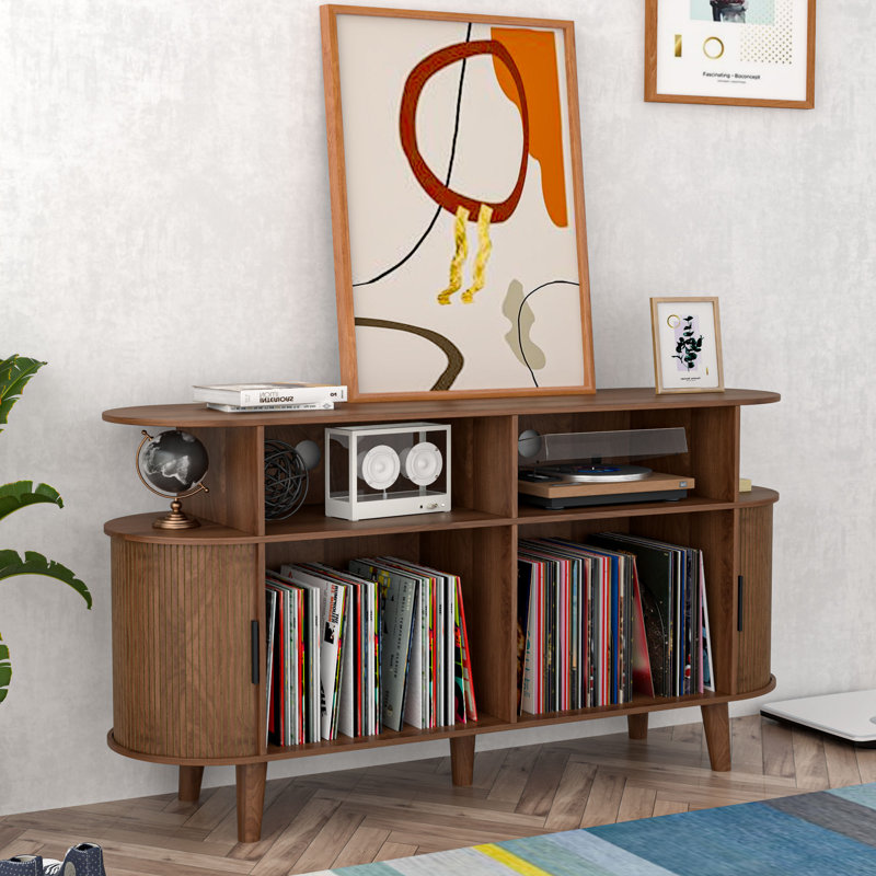 Large Mid-Century Record Player Stand with Sliding Doors