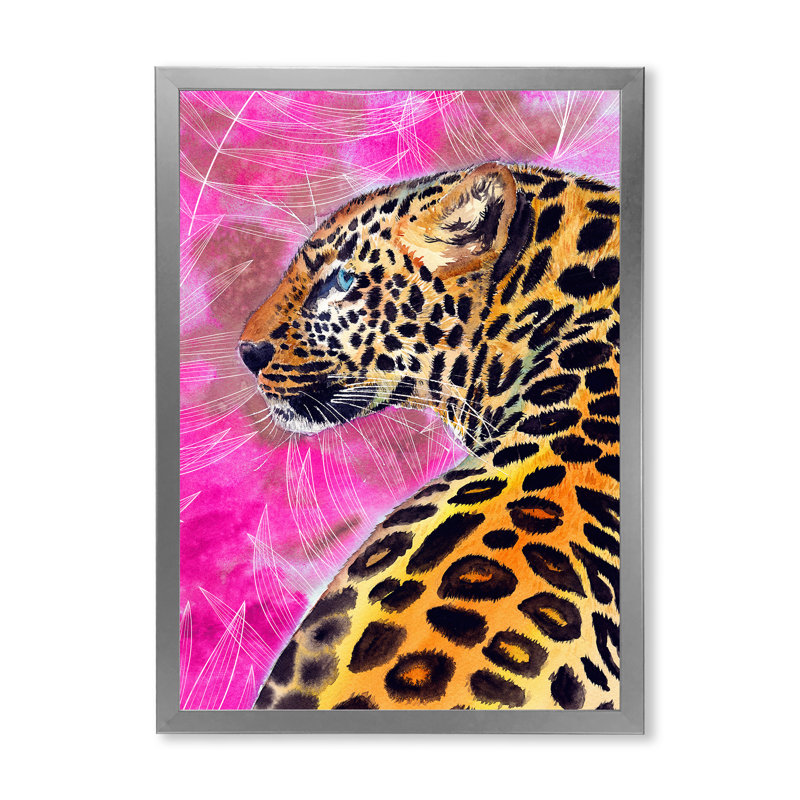 Léopard doré avec taches noires sur fond rose - reproduction sur toile, H 32 po x l 16 po, Impression encadrée, Argent argent
