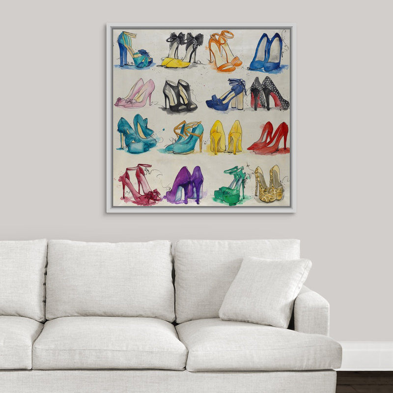 « placard of chaussures », peinture sur toile, H 25,7 po x l 25,7 po x P 1,75 po, Cadre flottant blanc
