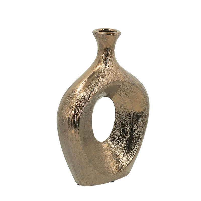 Round Bronze Vase With Textured Open-Cut Design, 13.2" H x 9.1" W x 3.1" D