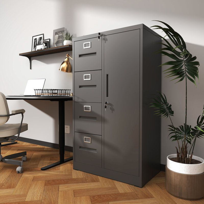 Black Metal Storage Cabinet, 4 Drawers, Interlocking System, High - Quality Material, Easy To Clean For Steel Cabinet With 1 Door, And Side Wardrobe, Clean, Ideal Bedroom