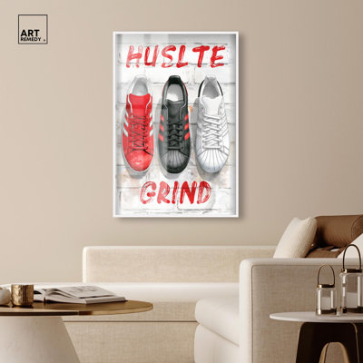 Hustle Grind Brick Wall Sneakers Shadowbox Print Sneaker Wall Art by Art Remedy, White Frame, 36 x 54