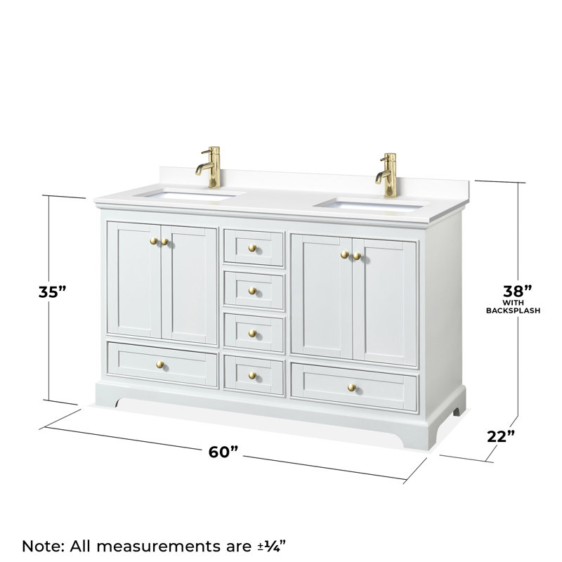 Ensemble de meuble-lavabo double 60 "avec miroir Deborah, Marbre de culture blanc, Blanc, Or brossé