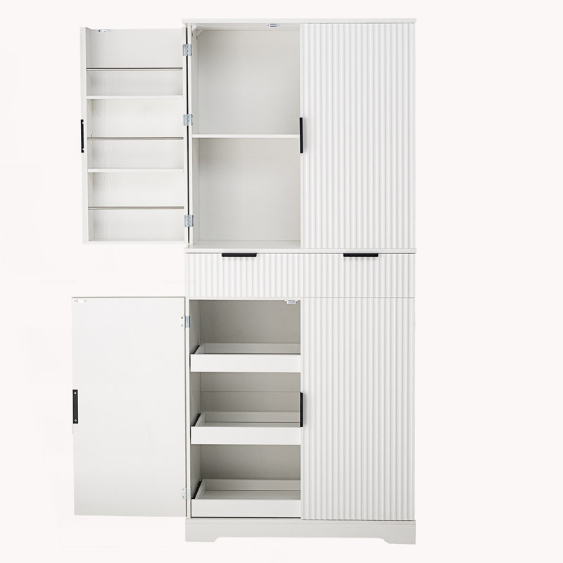 Fluted Kitchen Pantry Cabinet With 3 Keyboard Drawers & 6 Door Shelves, Freestanding Cupboard Storage Cabinet, Living Room Cabinet