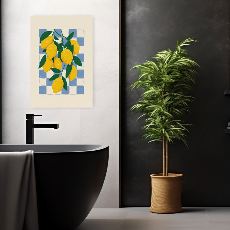 Citrons frais, art abstrait bleu à carreaux rustique, fruits et nature, H 24 po x l 16 po