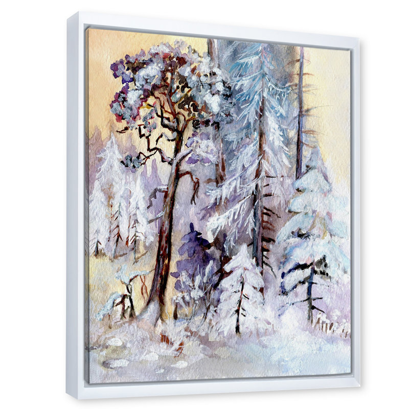 «Winter Snowy Forest by the Lake», peinture sur toile, H 32 po x l 16 po x P 1 po, Toile blanche encadrée