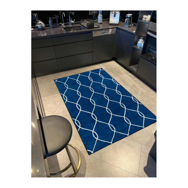 Tapis décoratif à rayures géométriques bleu foncé et tapis lavable, Rectangle 2 pi 4 po x 4 pi