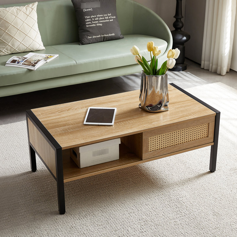 Table basse moderne pour la décoration d'espace de vie - 39,65 po x 21,56 po 16,37 po, pieds en métal, table de style pièce de couleur naturelle, rangement pour porte coulissante