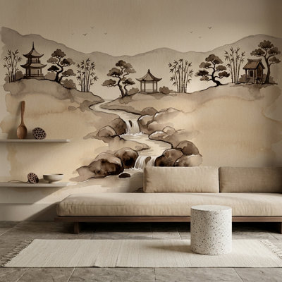 Watercolor Landscape Wallpaper Asian Ink Wash Pagoda Pavilion Removable Wall Decor