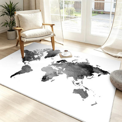 Tapis noir noir lavable à la machine et carte du monde rétro blanc