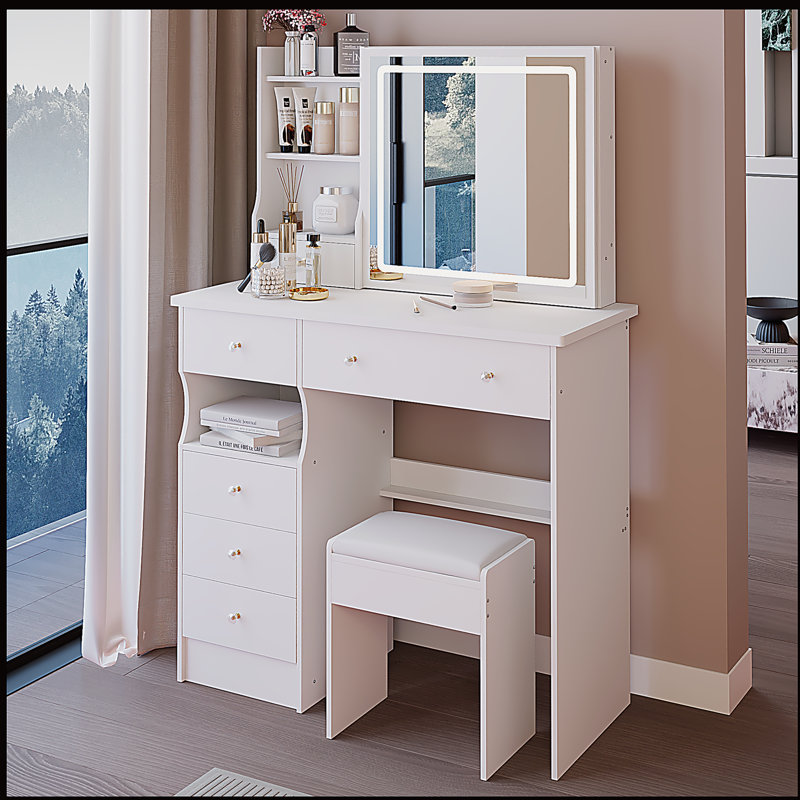Meuble-lavabo de 37 po de taille moyenne avec tiroir de gauche et tabouret rembourré, grand tiroir, commande tactile, interrupteur tricolore, miroir à luminosité réglable, rangement grande capacité, convient aux grands espaces