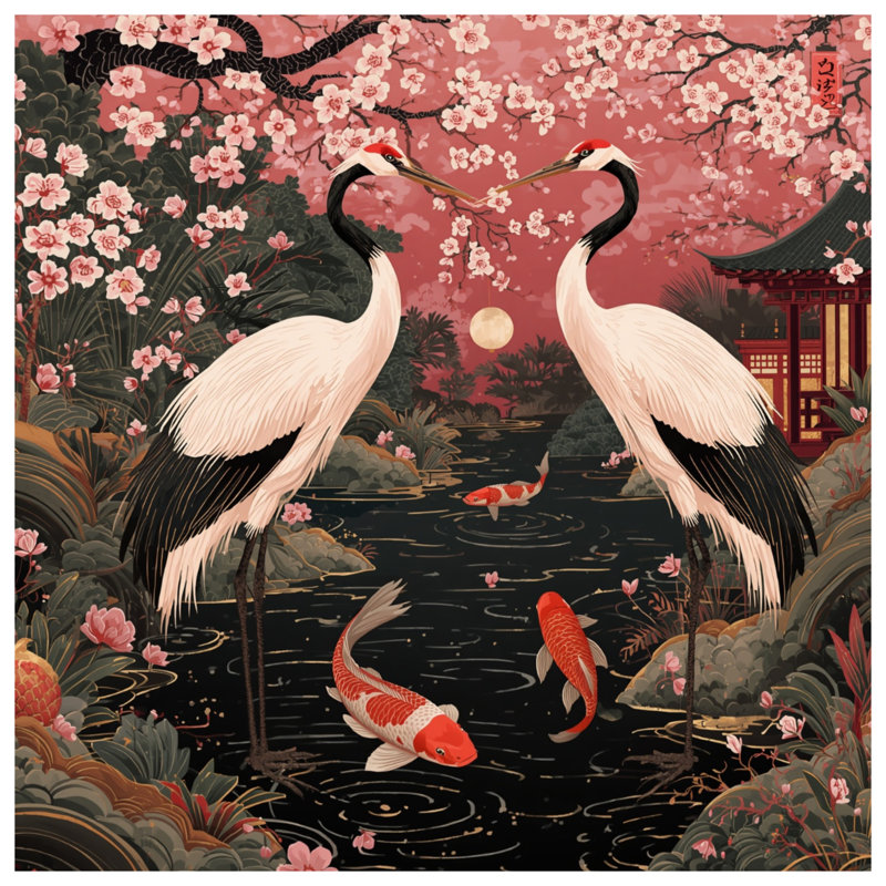 Coussins Cherry Blossom Cranes Koi, 14 X 14 pouces