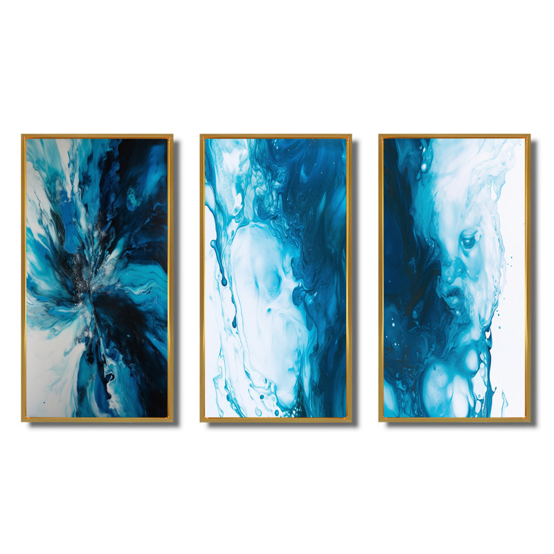 Bleu et noir, marbre chromatique - ensemble d'art abstrait de 3 pièces, H 32 po x l 48 po, Cadre flottant doré