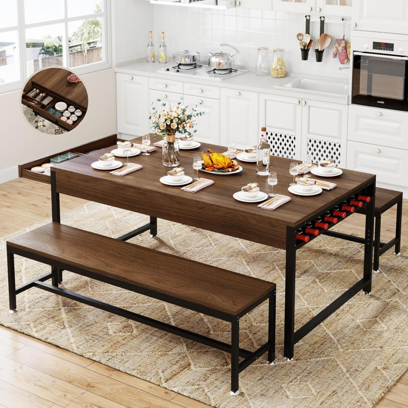 Walnut 63'' Dining Table Set with Benches and Wine Rack