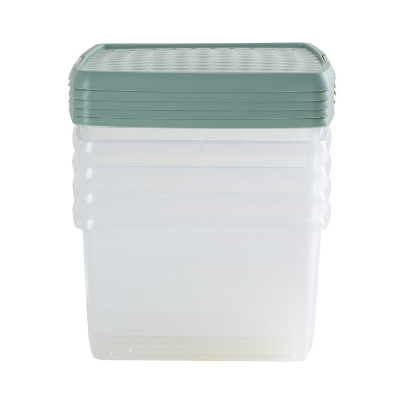 Wham Clip 5x 13.2L Square Plastic Storage Boxes with Secure Clip Lock Lids. L:39.5 x W:39.5 x H:12cm Clear/Green Milieu/Stone