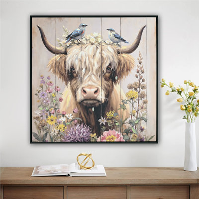 «Farmhouse Highland Cow and Chrysanthemum Wall Decor», reproduction d'art sur toile rustique pour cuisine de salle de bain