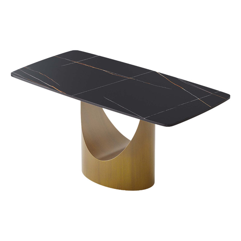 Table de salle à manger contemporaine en pierre artificielle avec pieds en métal, Noir, H 29,53 po x L 63 po x l 31,5 po