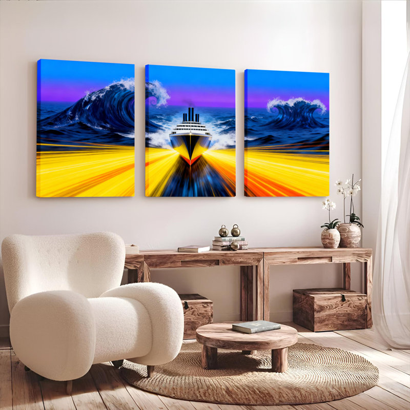 «Ocean Wave», bateau de croisière coucher de soleil sur toile tendue sur toile, H 36 po x l 72 po