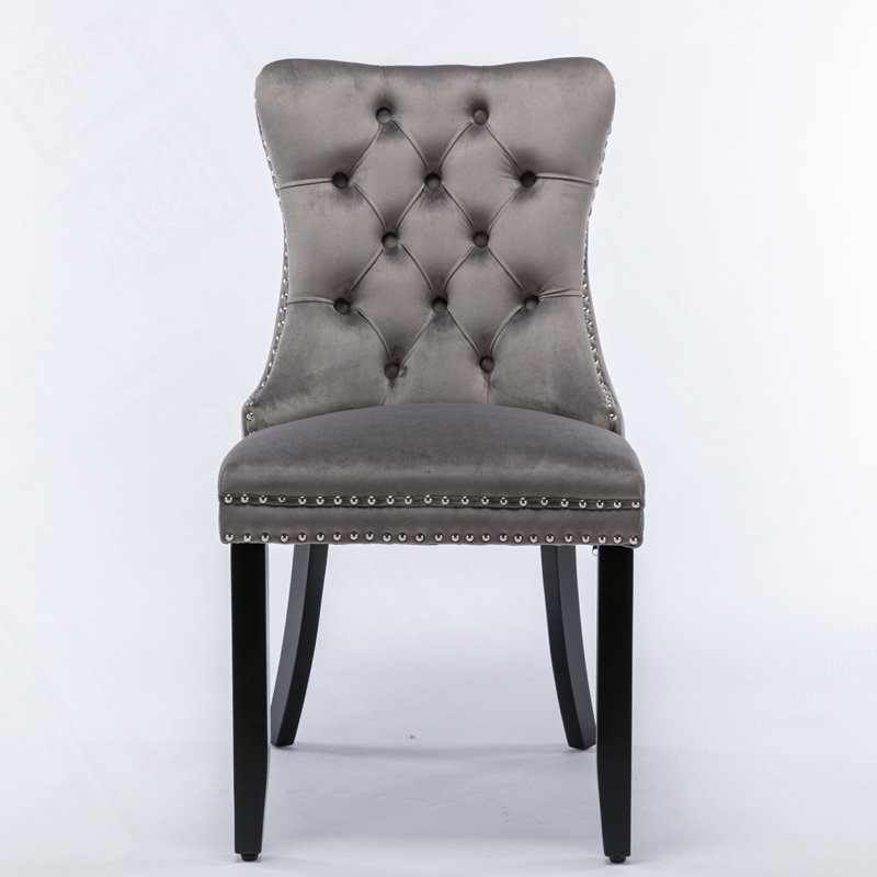 Velvet Upholstered Dining Chair with Wood Legs Nailhead Trim, Gray, Black
