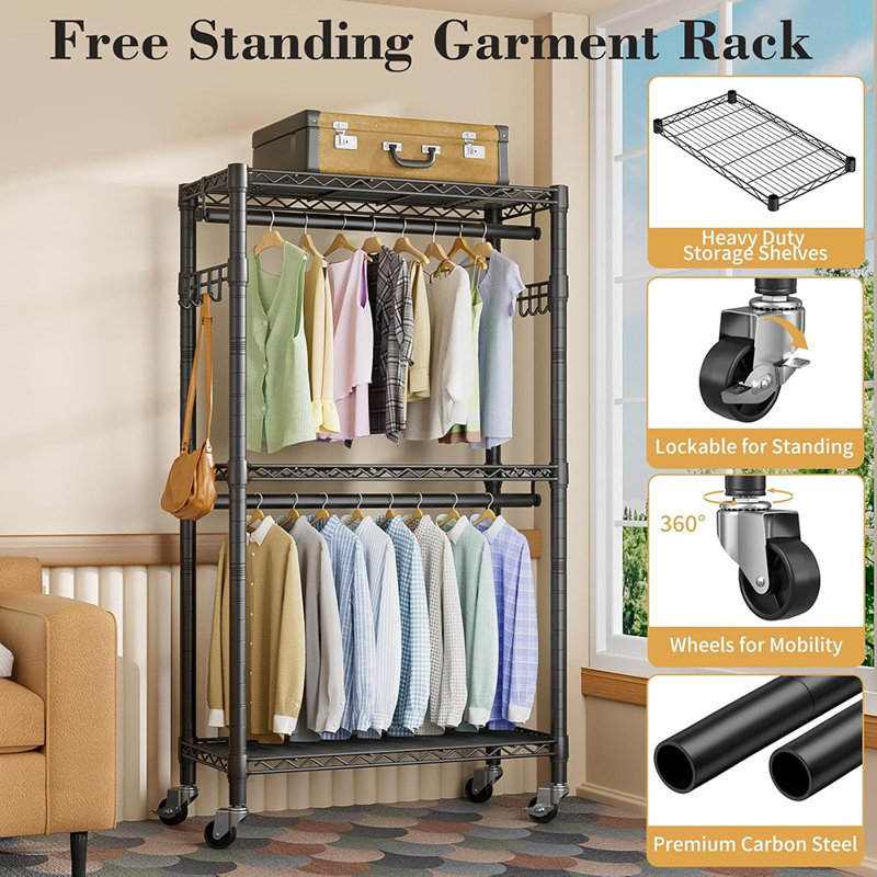Clothes Rack Rolling Garment Rack,3 Tier Adjustable W...