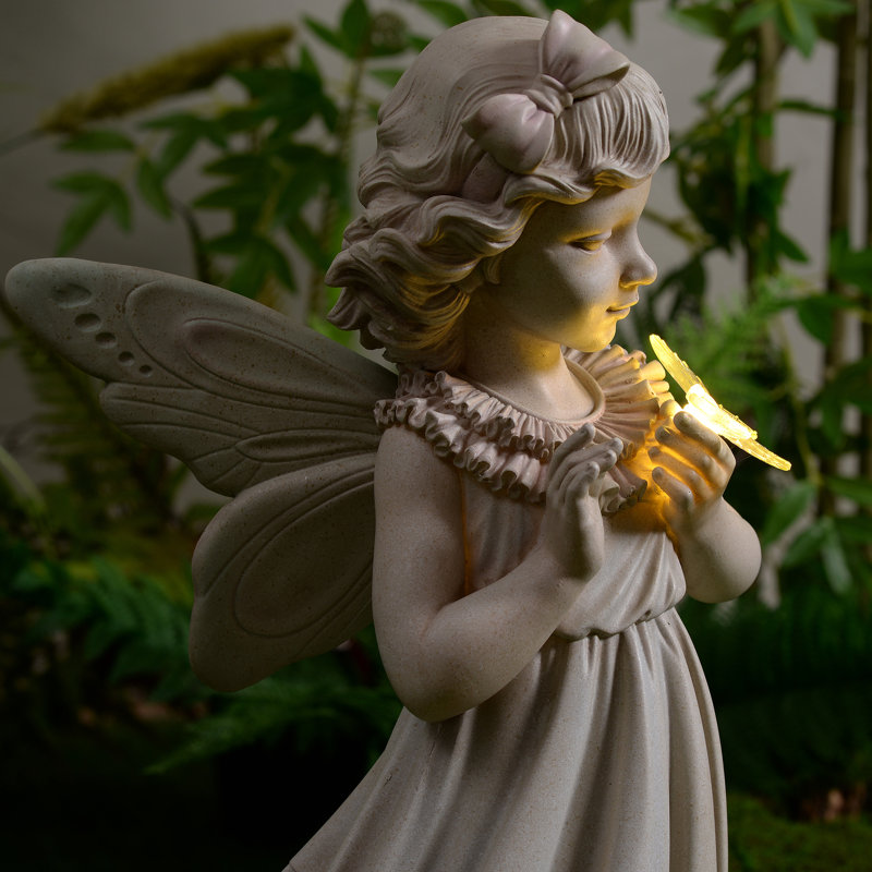Girl Holding Butterfly Lighted Garden Statue Solar Powered LEDs