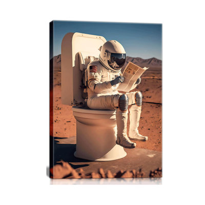 Framed Astronaut Wall Art Space Culture Painting Pictures Wall Decor Colorful Funny Astronauts On The Toilet Canvas Artwork Space Boys Room Home Decor For Bedroom Living Room Office 12" X16