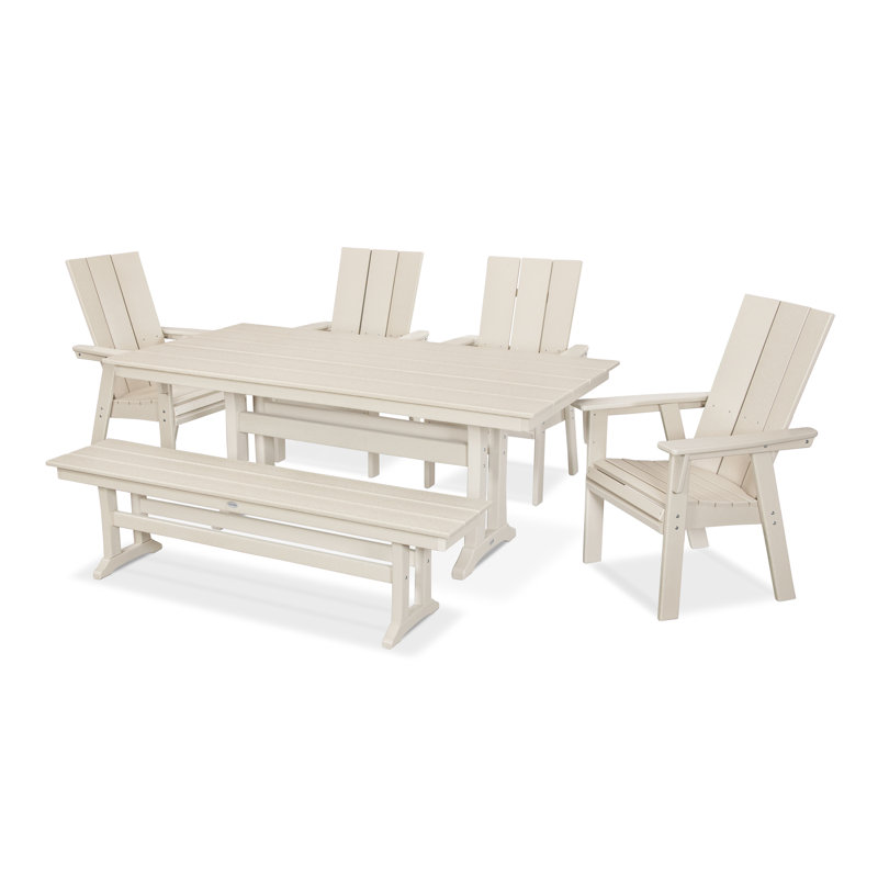 Modern Adirondack Curveback Adirondack 6-Piece Farmhouse Dining Set with Trestle Legs and Bench, Sand