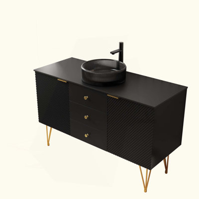 Meuble-lavabo de salle de bain, armoire de rangement autoportante en contreplaqué avec 4 pieds dorés, 3 tiroirs et 2 portes, lavabo rond en verre transparent et plateau en pierre frittée, pré-assemblé