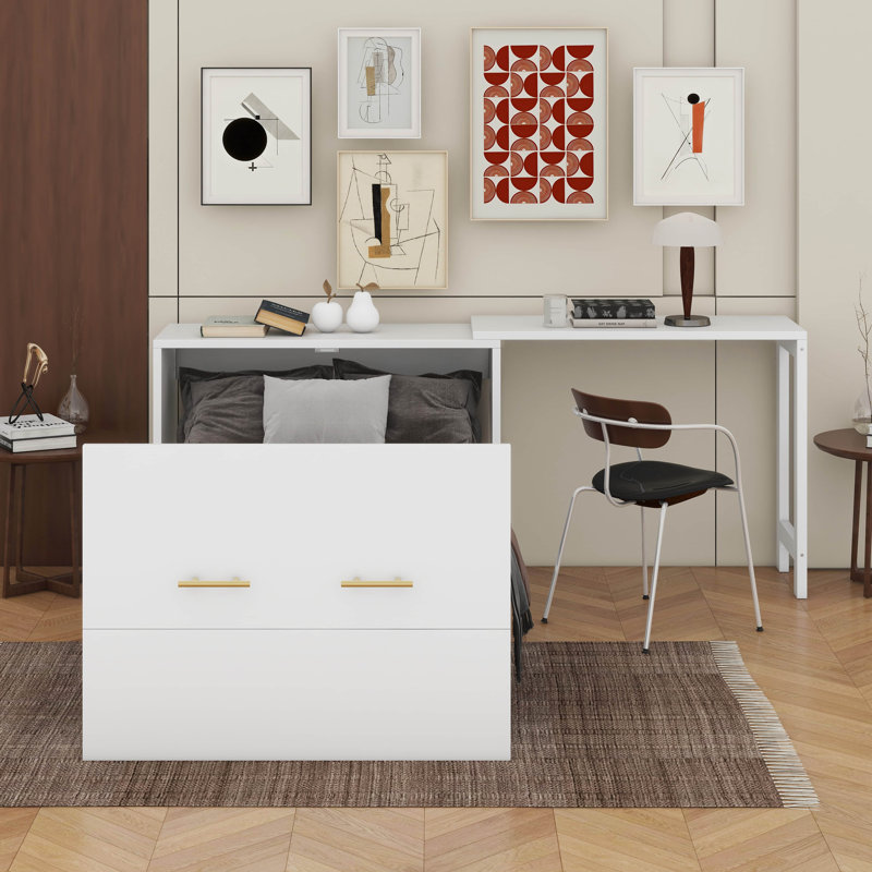 Lit simple escamotable avec commode à hauteur réglable, commode escamotable avec coussin pliable, Blanc
