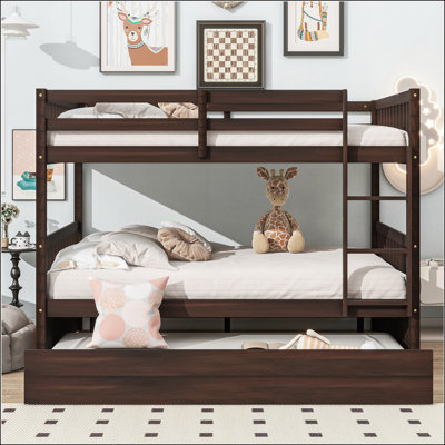 Full Over Full Rubber Wood Bunk Bed with Trundle, Ladder and Guardrails, Convertible to 2 Full Size Beds, with Twin Size Trundle, Espresso