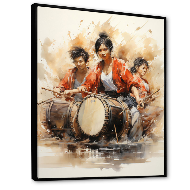 «Deaneen Japon Art Taiko Drumming» sur toile, H 32 po x l 16 po x P 1 po, Cadre flottant noir