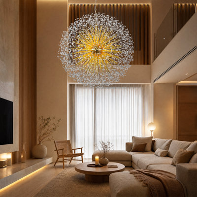 Lustre Sputnik en cristal doré de 160 cm (63 po) avec motif de feu d'artifice de pissenlit, 30 ampoules DEL G9 incluses, suspension moderne pour salon et hall d'entrée à haut plafond.