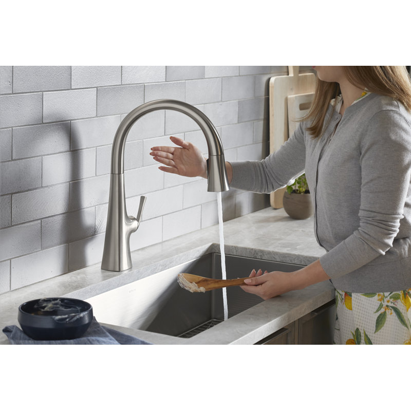 Graze Touchless Pull-Down Kitchen Sink Faucet With Three-Function Sprayhead, Vibrant Brushed Moderne Brass
